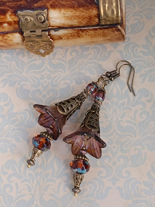 Boucles d'oreilles féeriques automne - Fleurs lucite orange brûlé ambre cuivre bronze