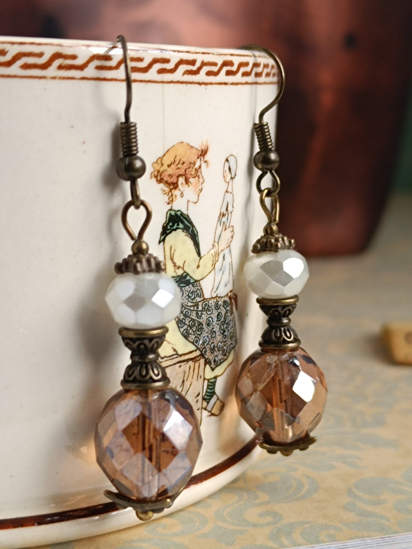 Boucles d'oreilles Gouttes Précieuses - Perles Verre Tchèque Bronze