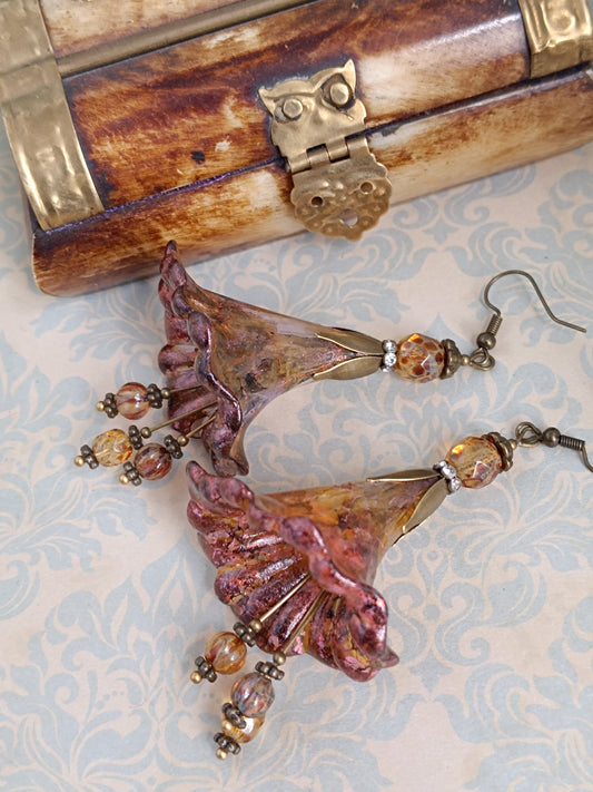 Boucles d'oreilles pendantes fleurs féeriques d'automne bronze - Perles de verre tchèque