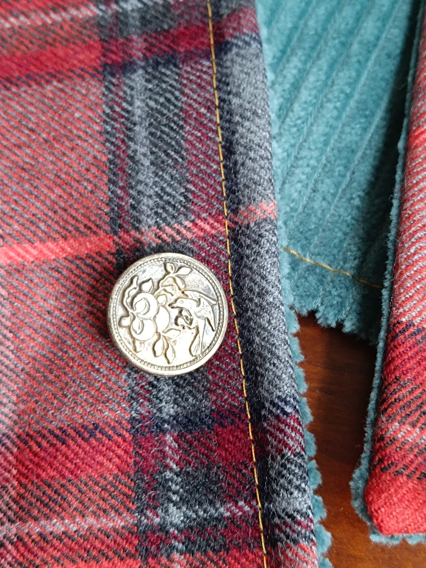 Tour de cou tartan laine velours côtelé bleu - Bouton bucolique oiseau