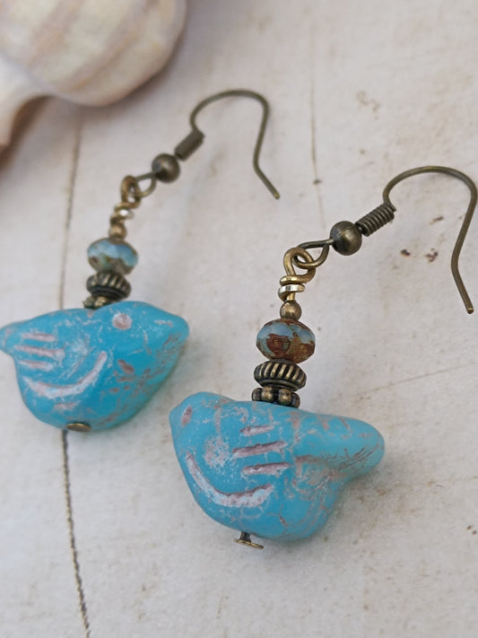 Boucles d'oreilles Oiseaux Verre Tchèque Bohème Nature Folk Bronze Antique