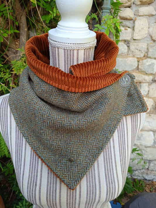Tour de Cou Tweed Celtique Bleu Doré Velours Côtelé Marron Roux Bouton Vintage Dragon Fabrication Française