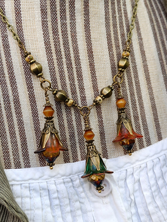 Collier Enchantement d'Automne - Fleurs Féeriques Bronze et Perles Tchèques