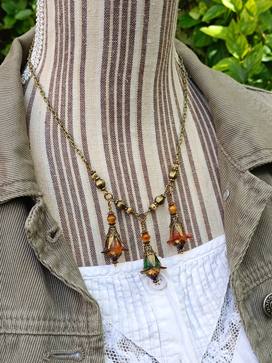Collier Enchantement d'Automne - Fleurs Féeriques Bronze et Perles Tchèques