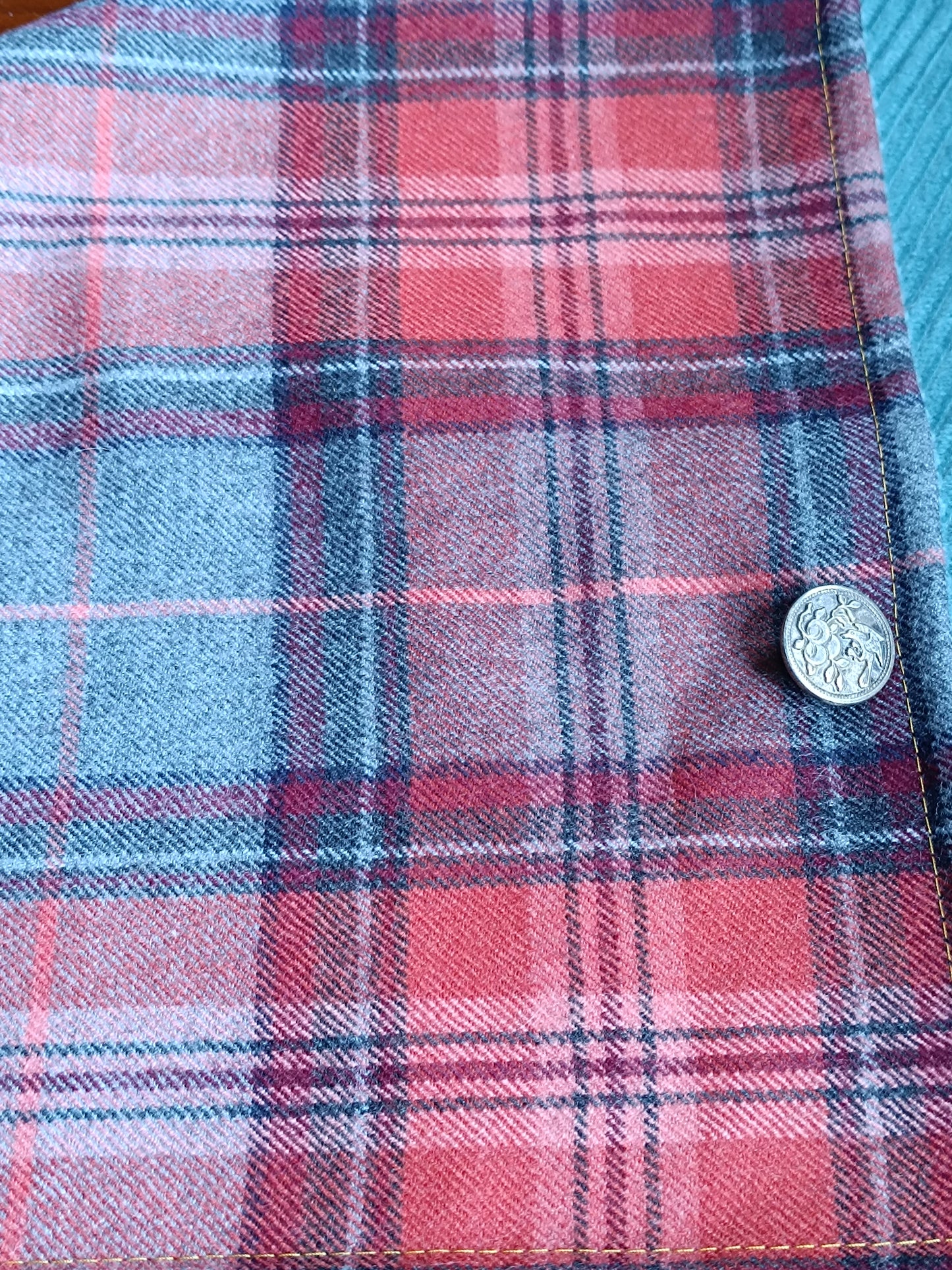 Tour de cou tartan laine velours côtelé bleu - Bouton bucolique oiseau