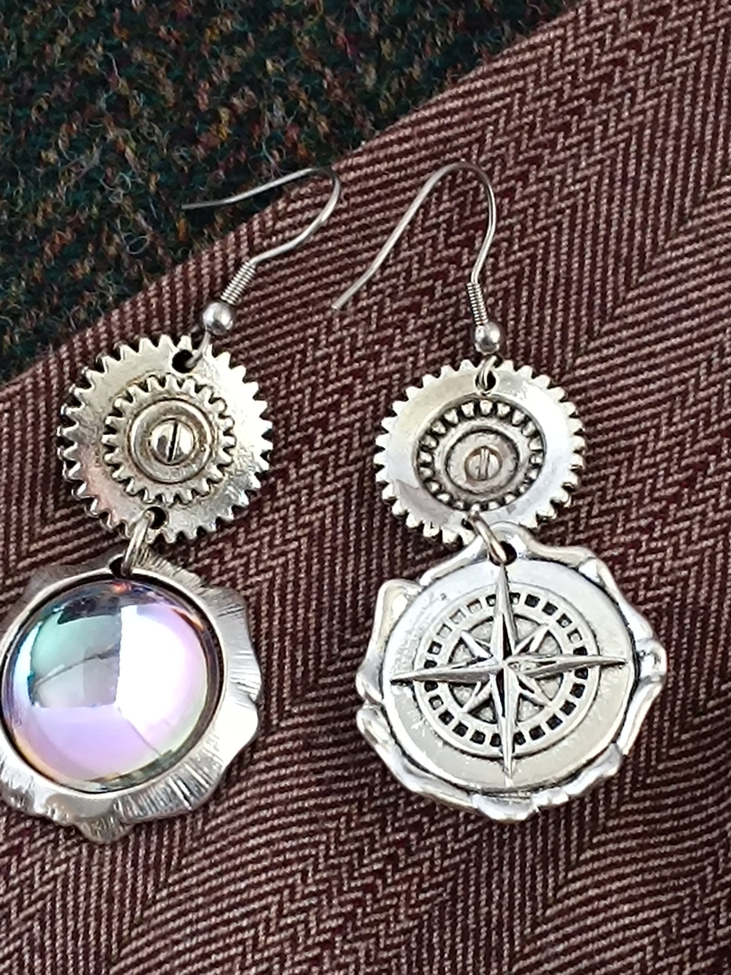 Boucles d'oreilles Steampunk miroir verre tchèque - Rose des vents argenté