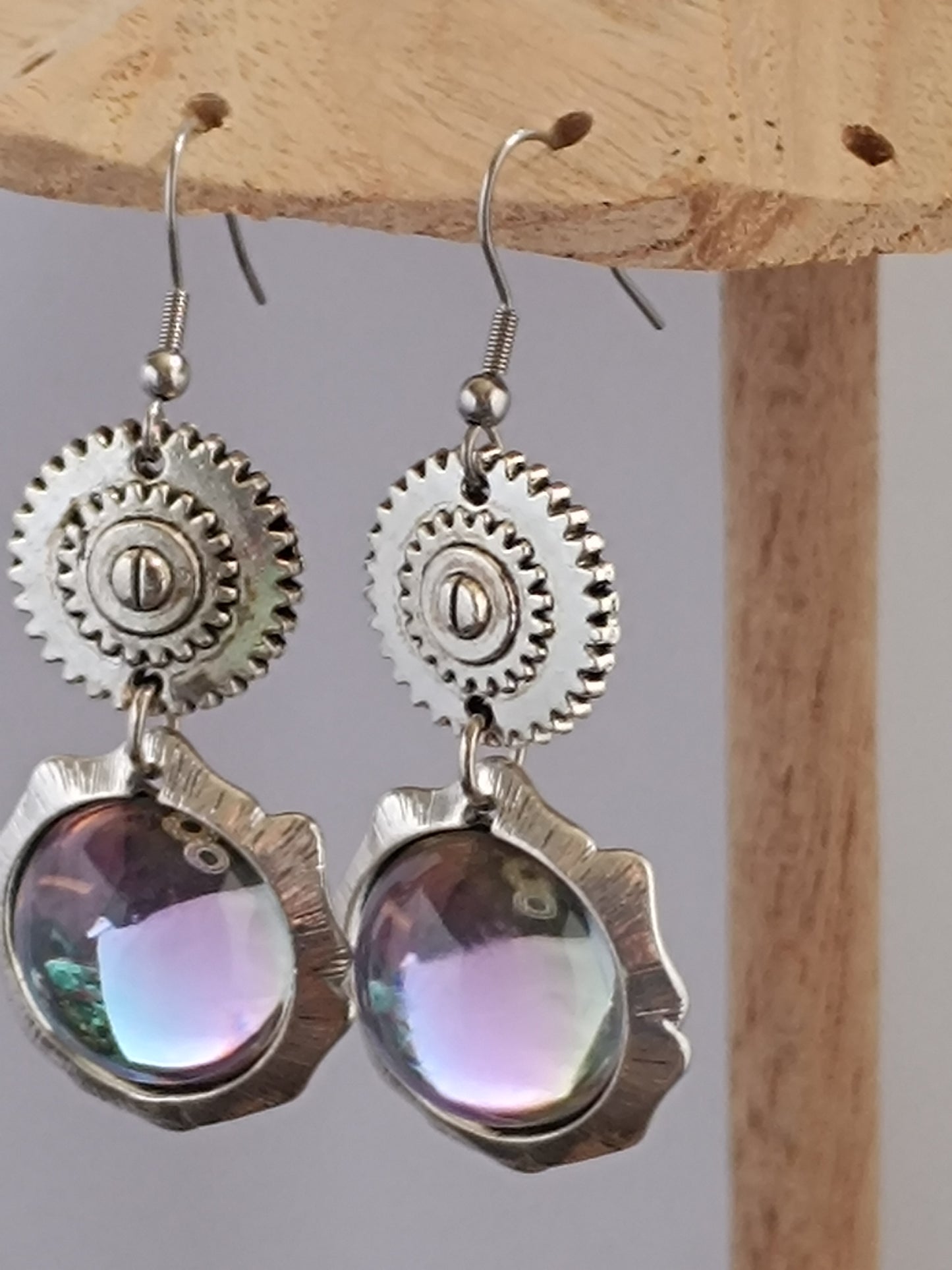 Boucles d'oreilles Steampunk miroir verre tchèque - Rose des vents argenté