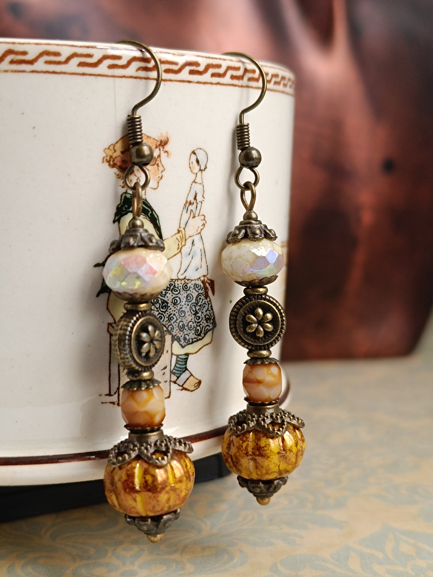 Boucles d'oreilles bohème perles de verre tchèque Picasso citrouilles - Création artisanale unique