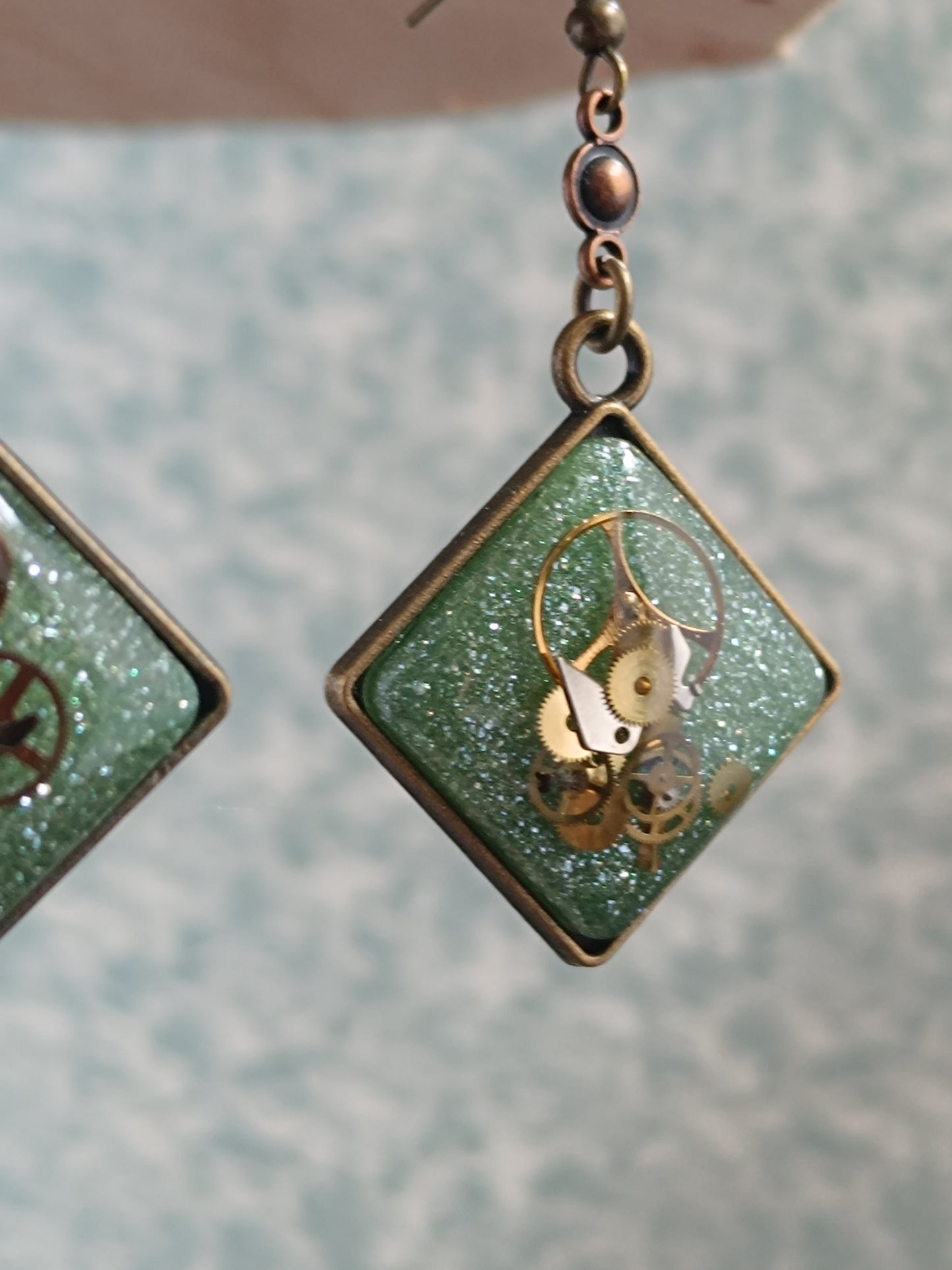 Boucles d'oreilles pendantes Steampunk losange - Connecteur cuivre 4cm