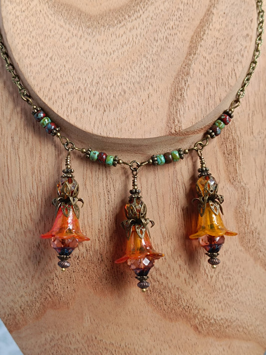 Collier Jardin Secret - Fleurs de Lucite et Perles Picasso Bronze