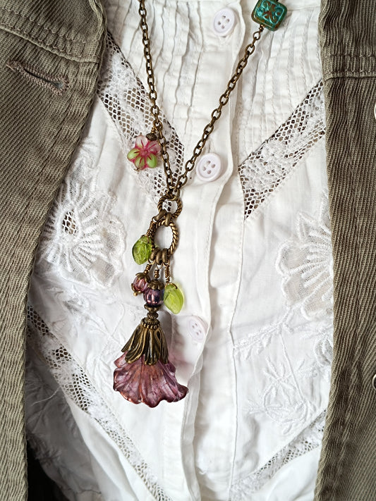 Sautoir Fleurs Féeriques - Lucite Vintage Perles Tchèque Bronze