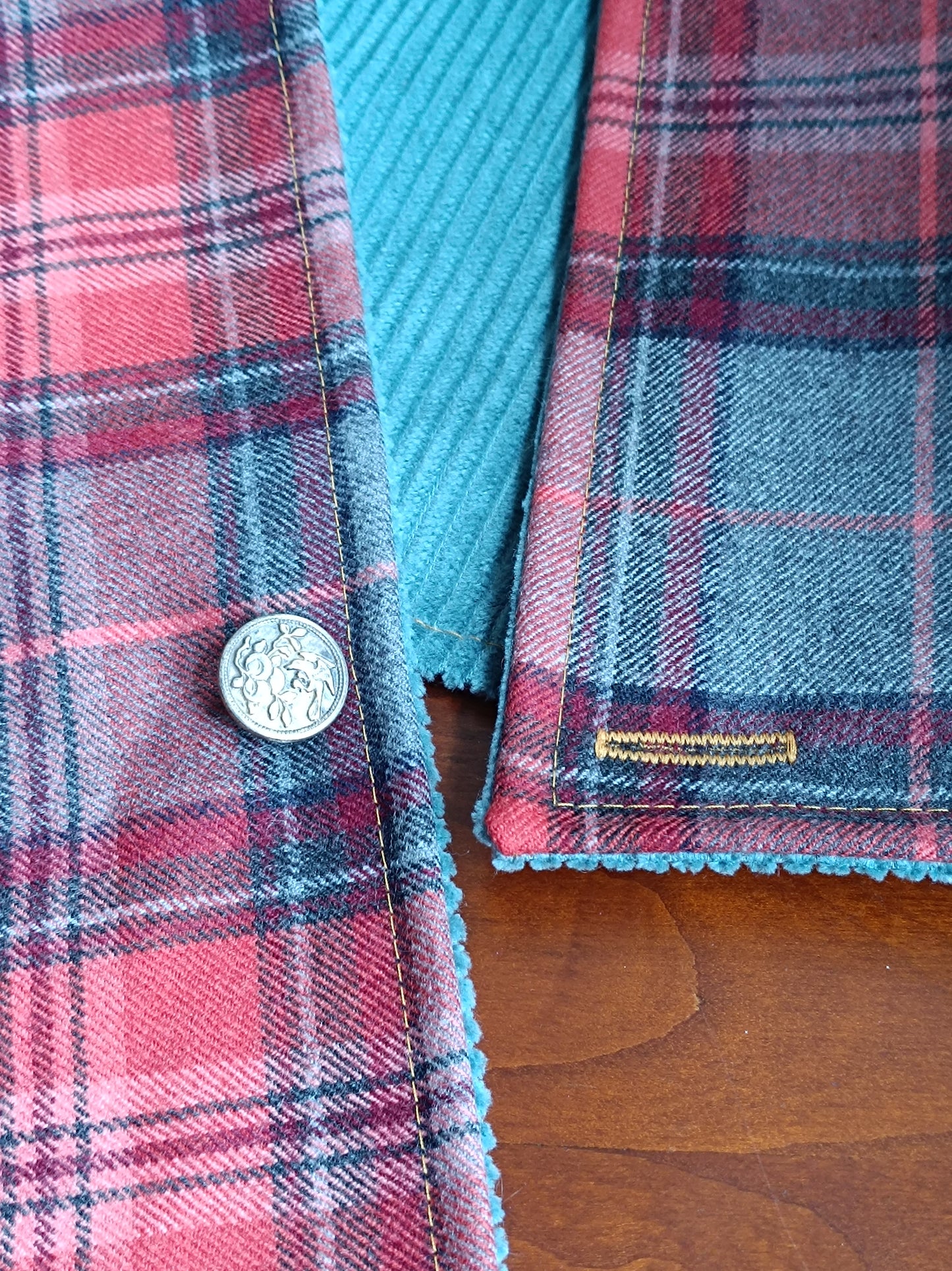 Tour de cou tartan laine velours côtelé bleu - Bouton bucolique oiseau