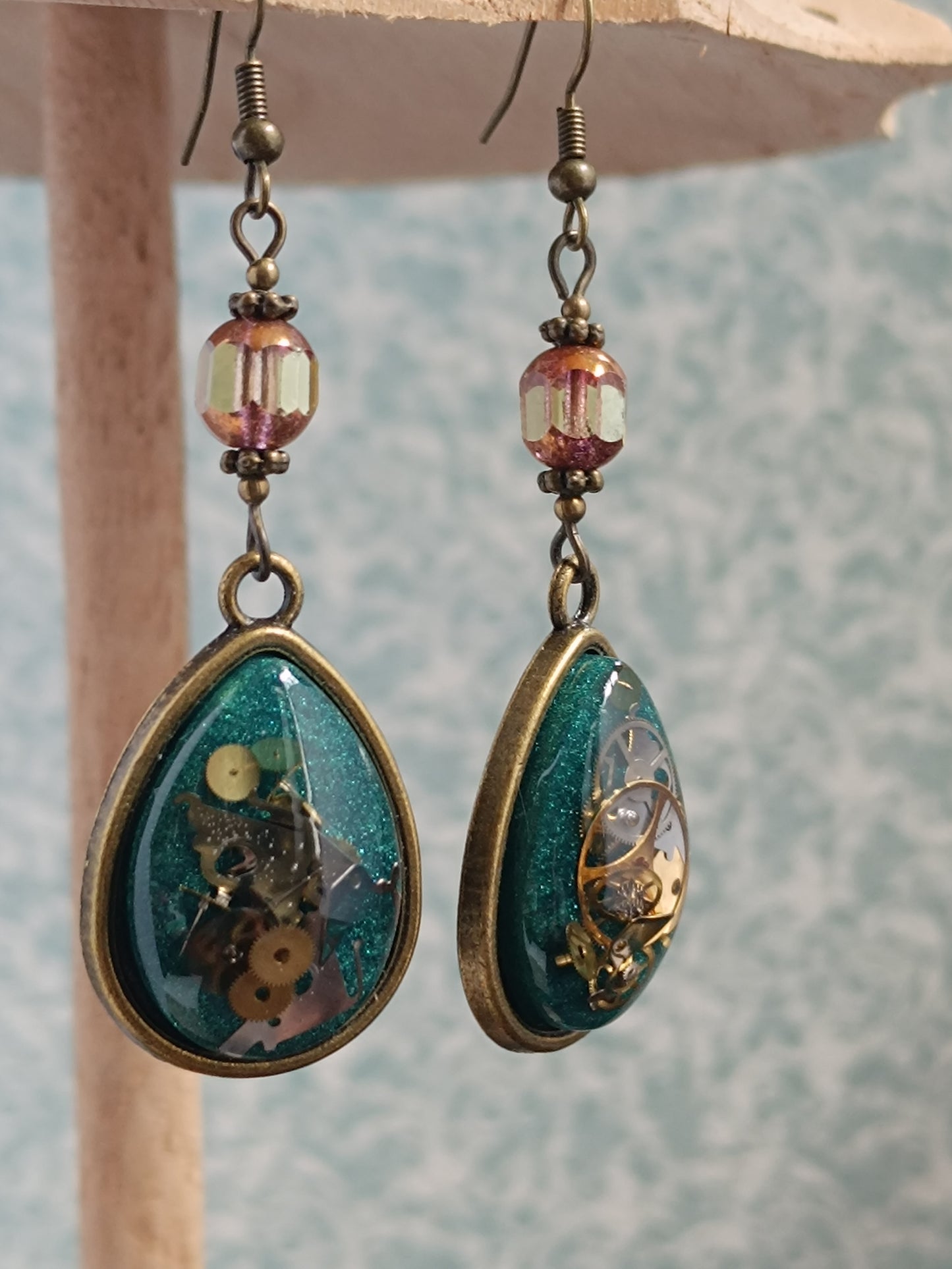 Boucles d'oreilles pendantes Steampunk gouttes - Perles verre tchèque 5cm