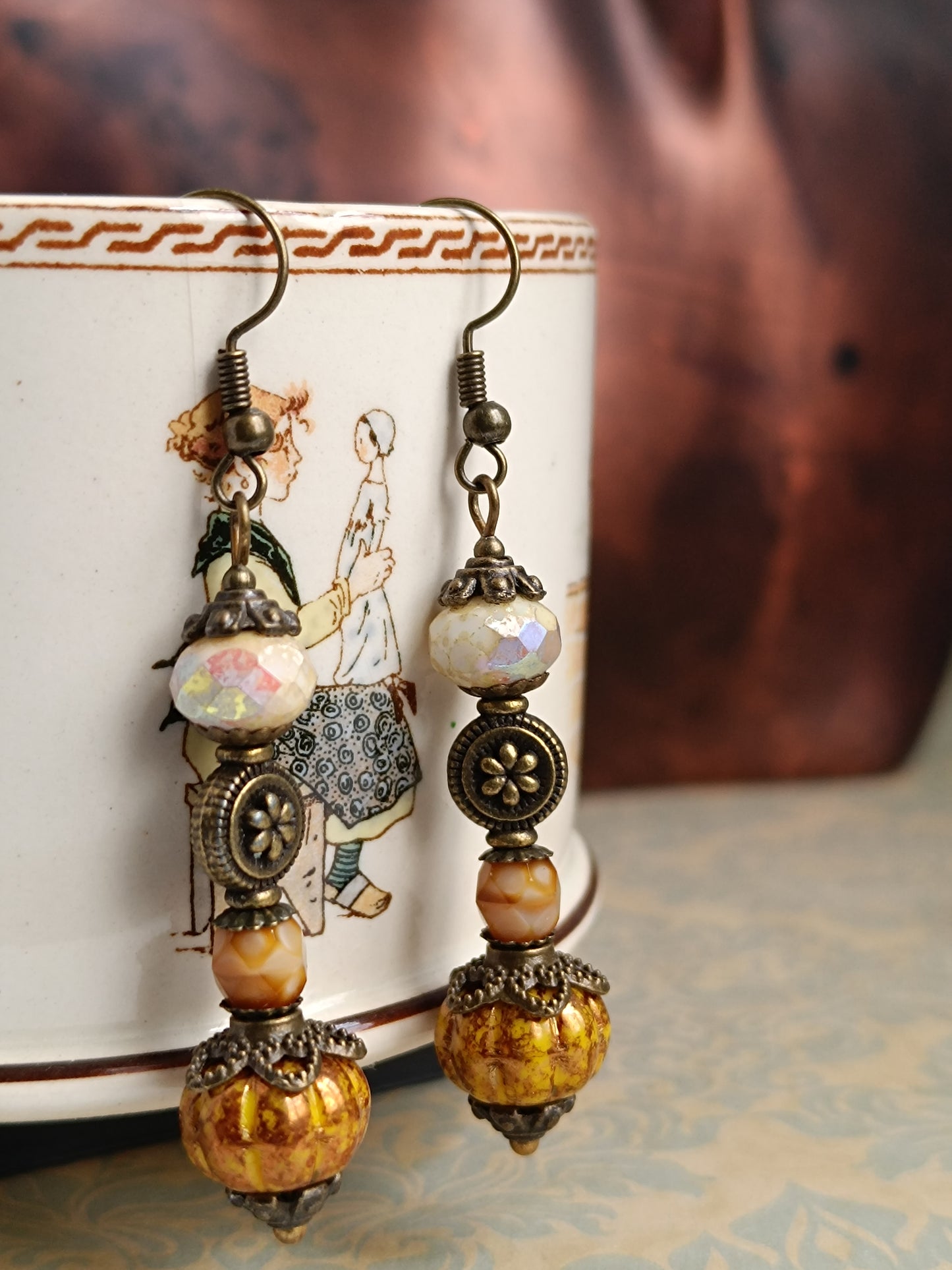 Boucles d'oreilles bohème perles de verre tchèque Picasso citrouilles - Création artisanale unique