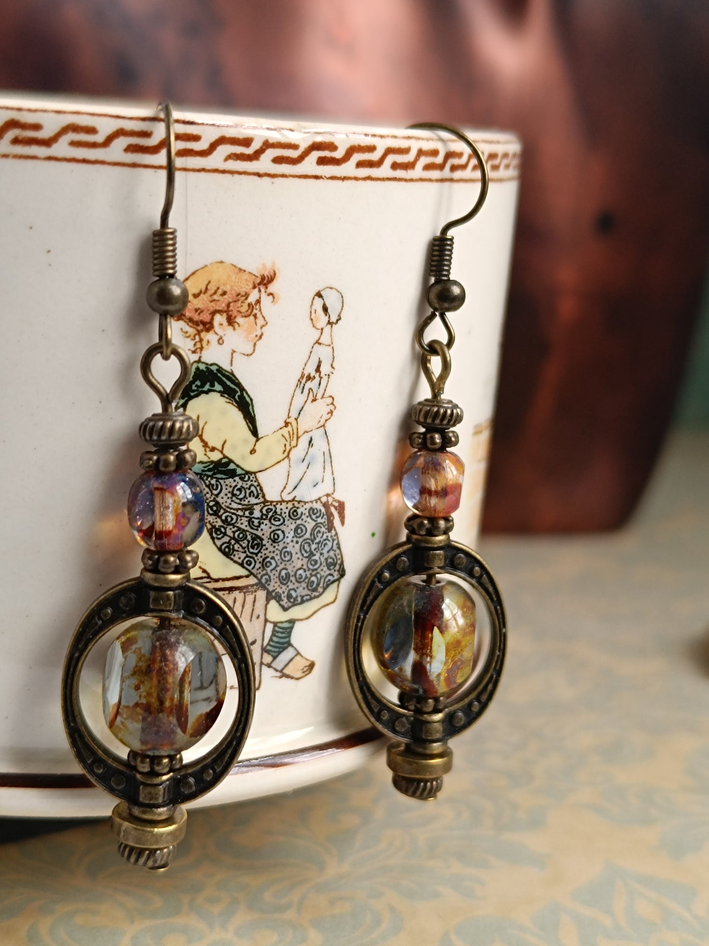 Boucles d'oreilles pendantes bohème perle de verre tchèque Saturne