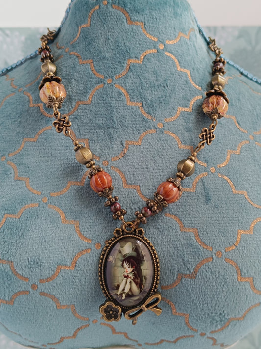 Collier Cabochon Chapelier Fou Alice au Pays des Merveilles Bronze Gothique Verre Tchèque