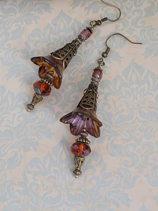 Boucles d'oreilles bohème automne - Fleurs lucite peinte et perles verre tchèque bronze