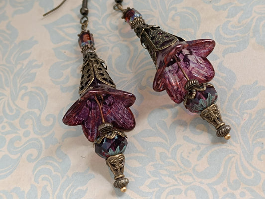 Boucles d'oreilles longues automne - Lucite vernies main reflets minéraux bronze