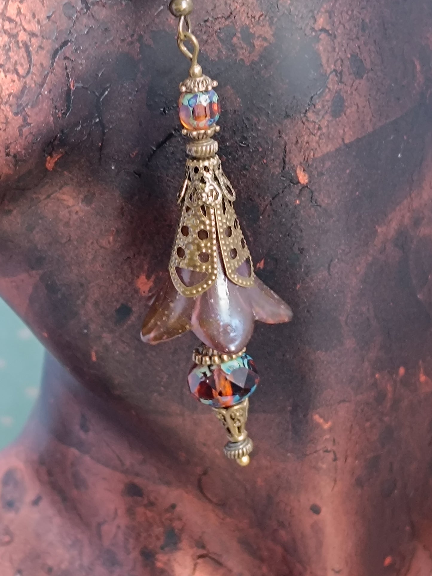 Boucles d'oreilles féeriques automne - Fleurs lucite orange brûlé ambre cuivre bronze