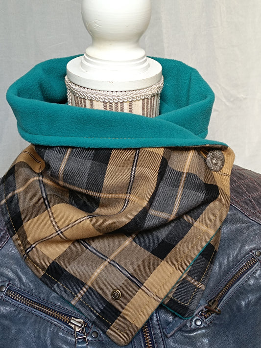 Tour de cou tartan  doublé polaire - Bouton métal ancien