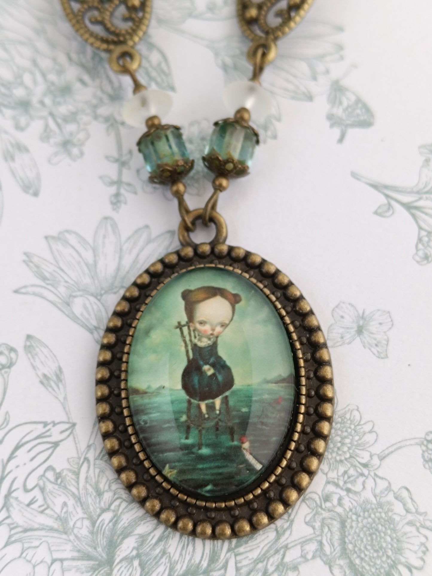 Collier Fille à la Mer - Cabochon Verre Vintage