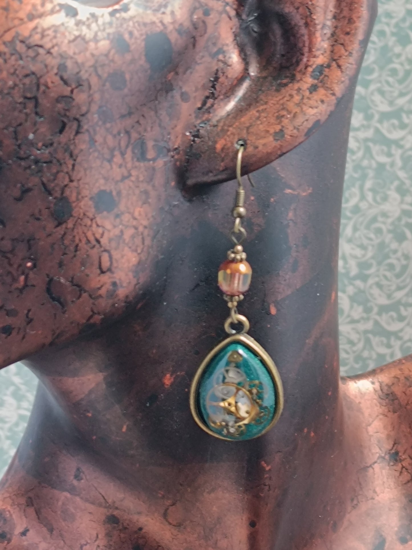 Boucles d'oreilles pendantes Steampunk gouttes - Perles verre tchèque 5cm