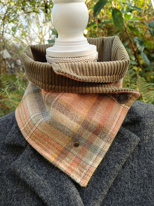 Cache Cou Tartan Velours Kaki - Bouton Nacre Vintage