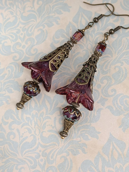 Boucles d'oreilles longues automne - Lucite vernies main reflets minéraux bronze