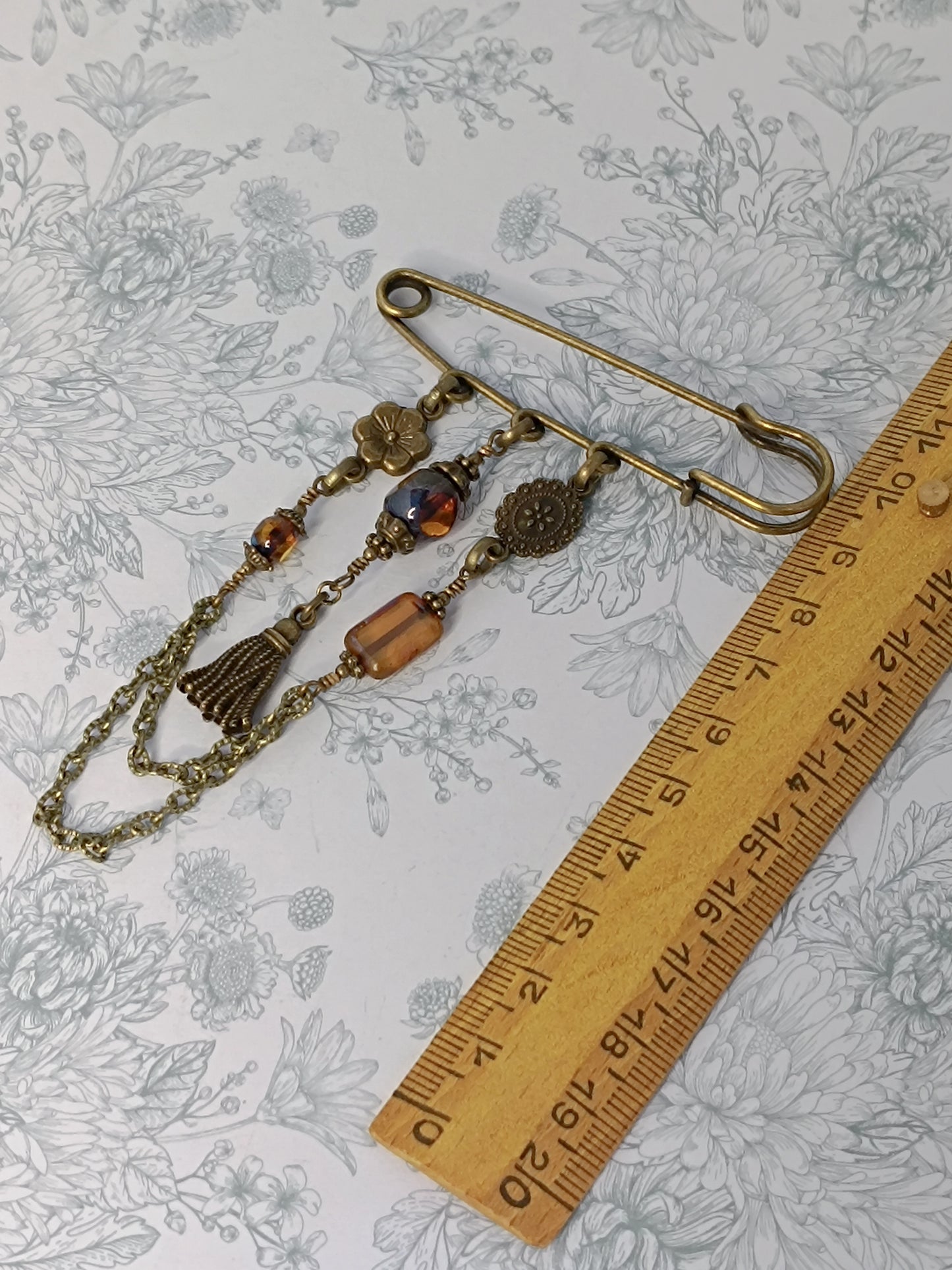 Broche Épingle Chaînette Perles Verre Tchèque Ambre - Bronze Antique Artisanal