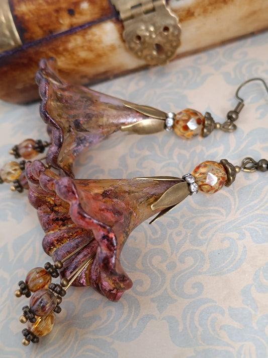 Boucles d'oreilles pendantes fleurs féeriques d'automne bronze - Perles de verre tchèque