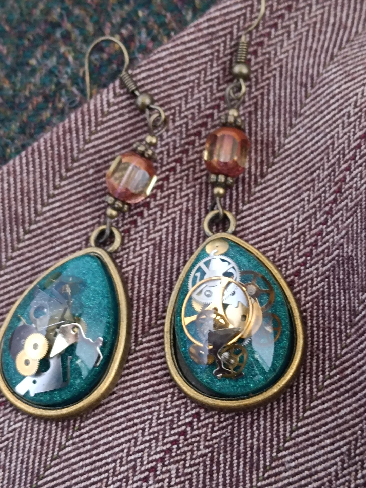 Boucles d'oreilles pendantes Steampunk gouttes - Perles verre tchèque 5cm
