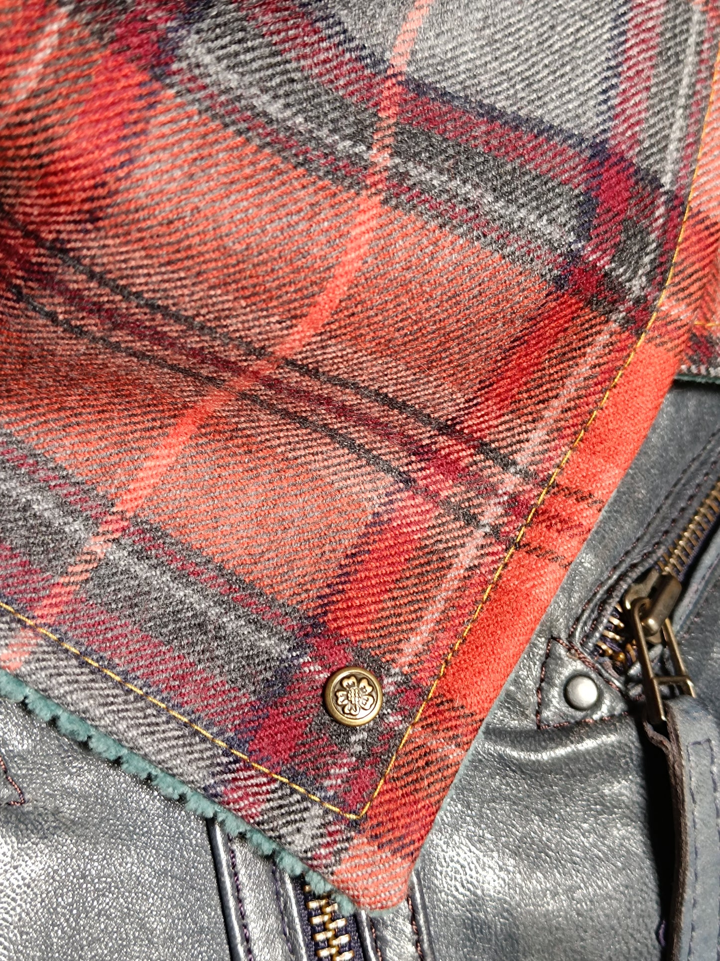 Tour de cou tartan laine velours côtelé bleu - Bouton bucolique oiseau