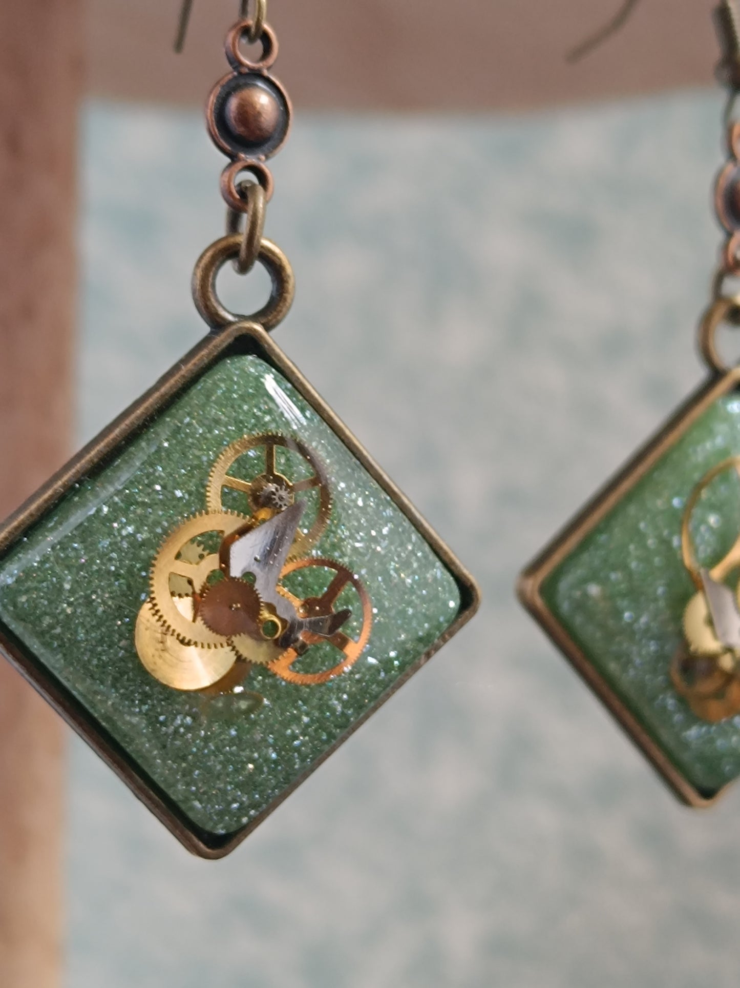 Boucles d'oreilles pendantes Steampunk losange - Connecteur cuivre 4cm