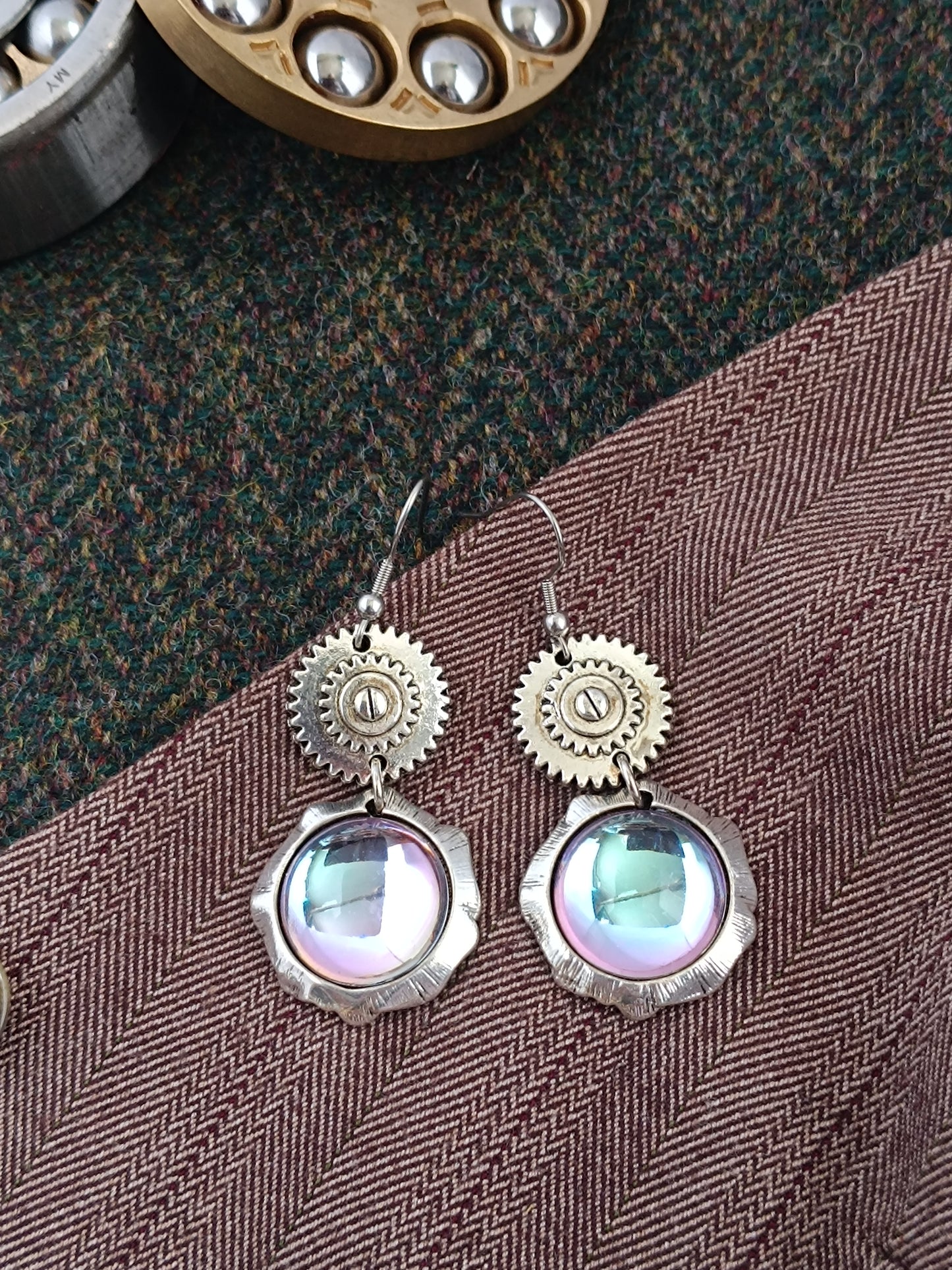 Boucles d'oreilles Steampunk miroir verre tchèque - Rose des vents argenté