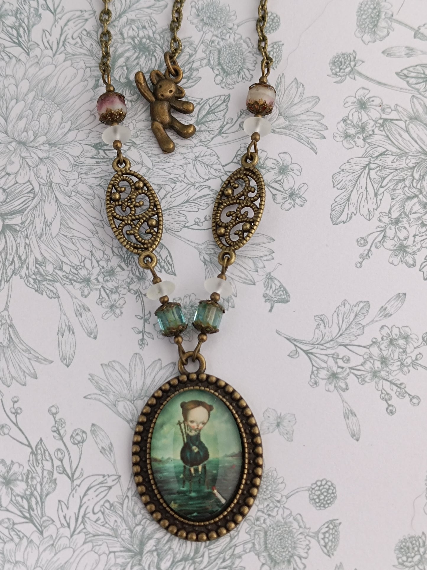 Collier Fille à la Mer - Cabochon Verre Vintage