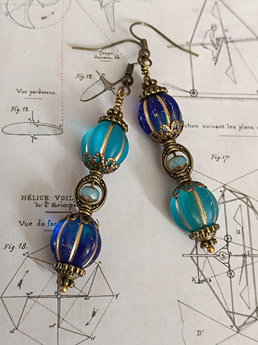 Boucles d'oreilles Sablier Ancien Artefact Steampunk Instrument d'Alchimie en Verre Tchèque