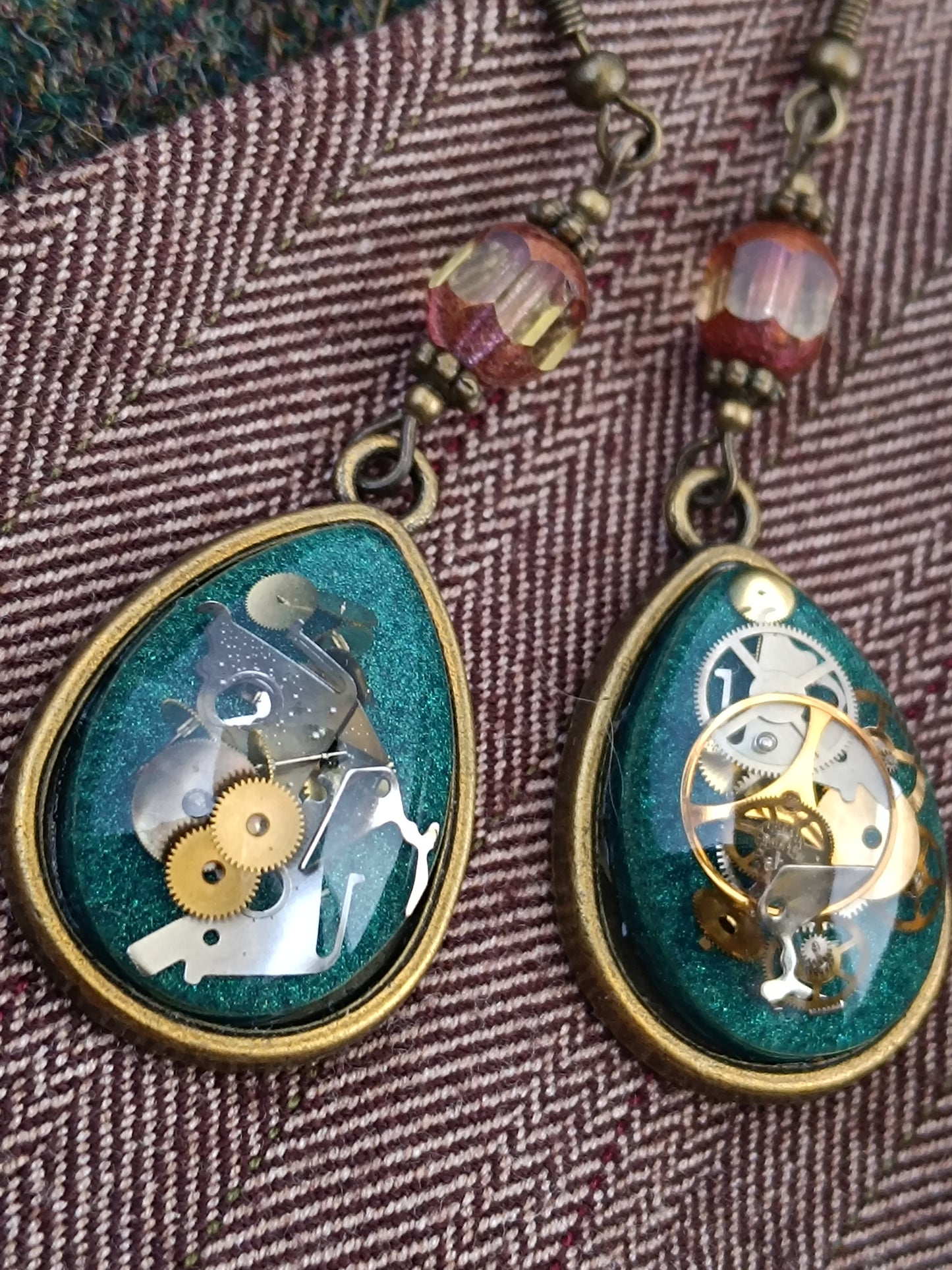 Boucles d'oreilles pendantes Steampunk gouttes - Perles verre tchèque 5cm