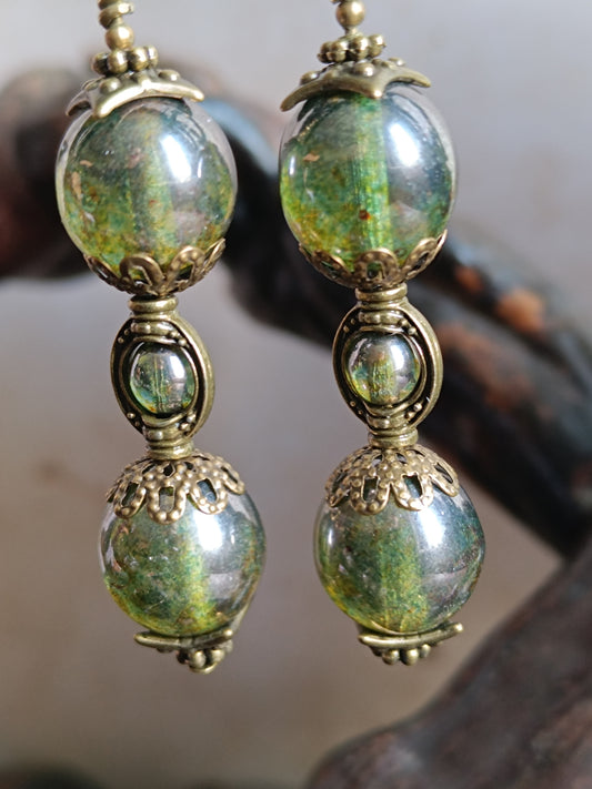 Boucles d'Oreilles Pendantes Sablier Vert Steampunk Verre Tchèque Grand Modèle 5 cm