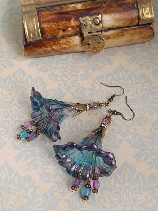 Boucles d'oreilles fleurs féeriques bronze - Perles de verre tchèque