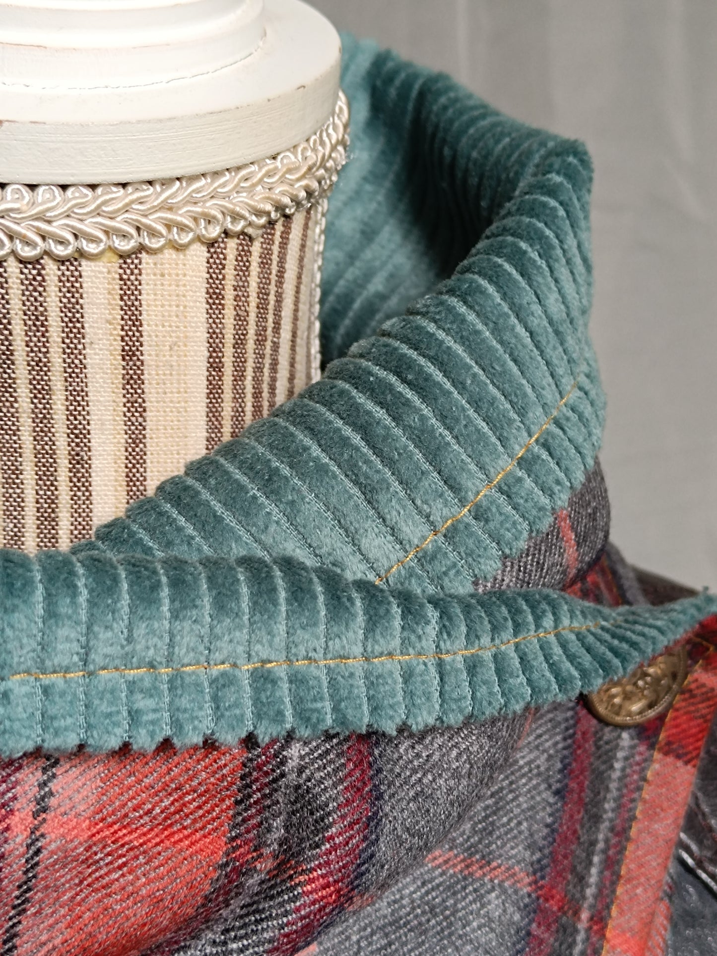 Tour de cou tartan laine velours côtelé bleu - Bouton bucolique oiseau