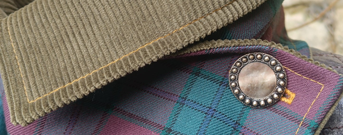 Écharpe boutonnée tour de cou tartan doublé bel côtelé et bouton vintage nacre et métal