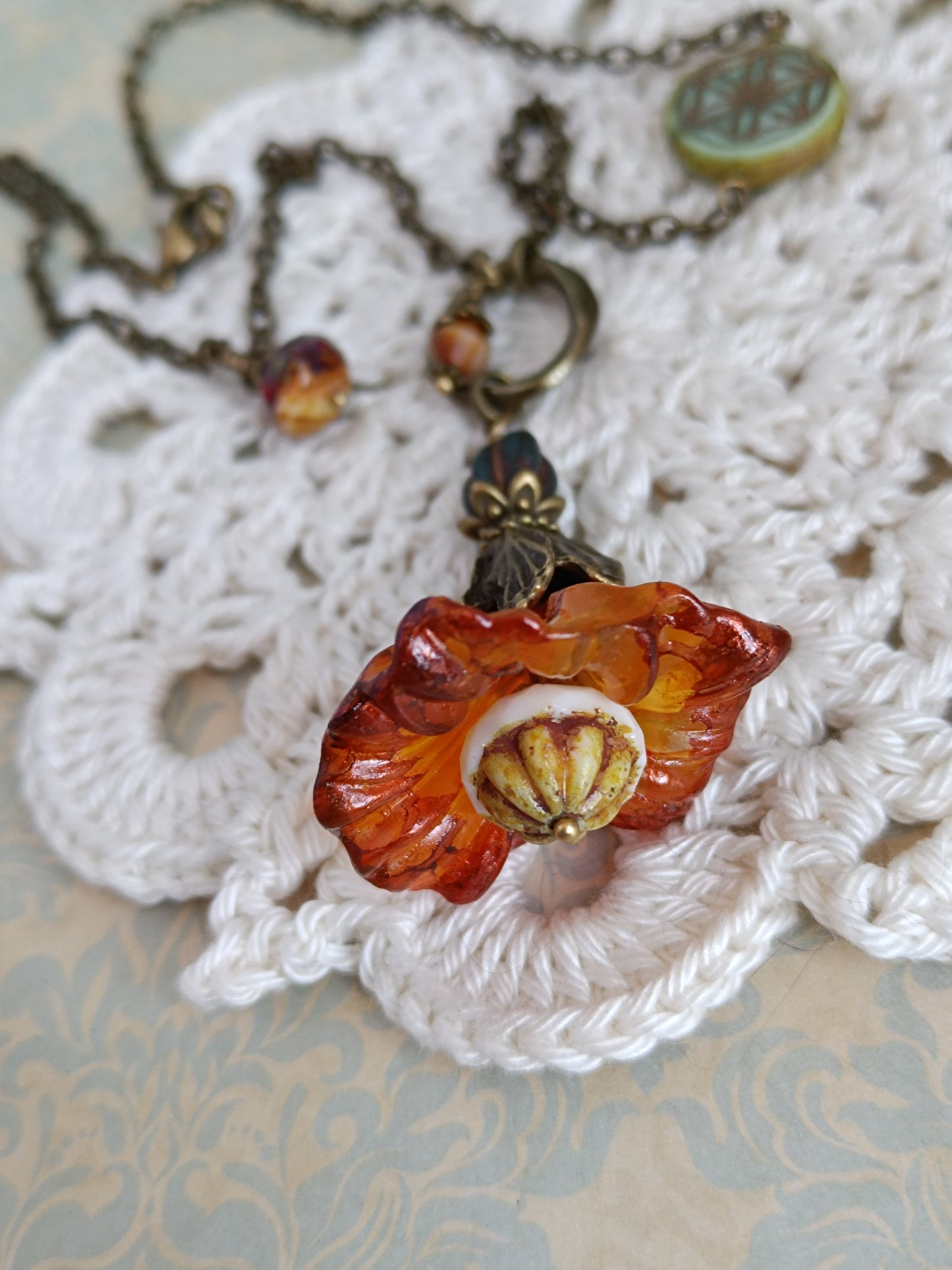 Sautoir Fleur de Vie - Lucite Vintage Perles Tchèque Bronze