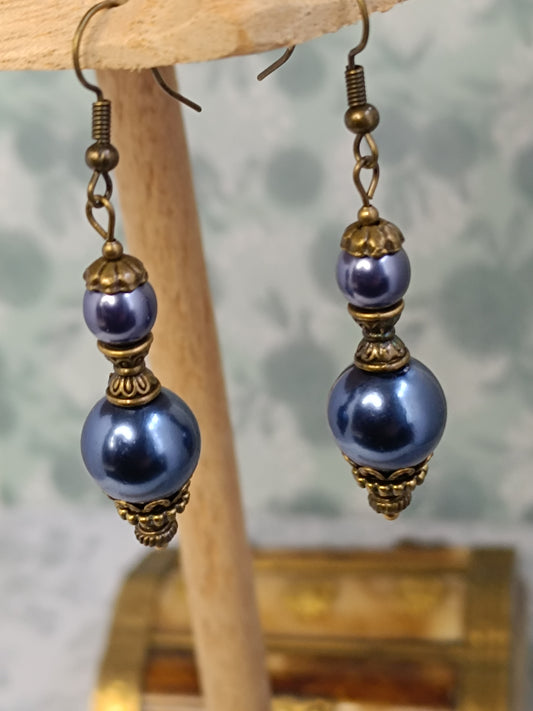 Boucles d'Oreilles Perles Rondes Précieuses - Verre Tchèque Nacré Bronze