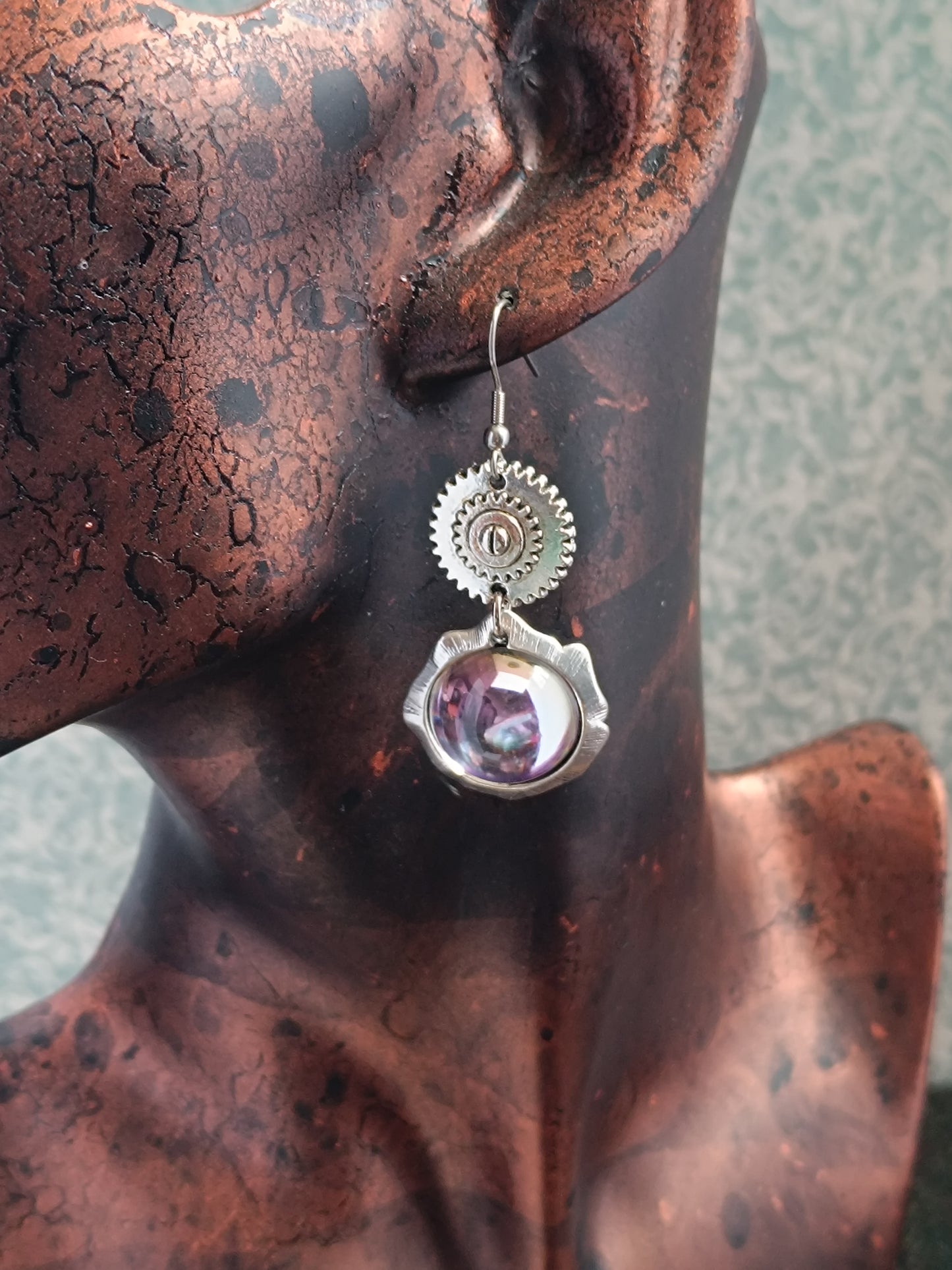 Boucles d'oreilles Steampunk miroir verre tchèque - Rose des vents argenté