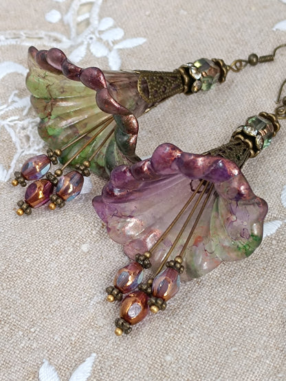 Boucles d'Oreilles Pendantes Féeriques Vertes Violettes Voile Cuivré Perles Verre Tchèque XXL