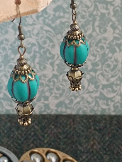Boucles d'oreilles Steampunk montgolfière turquoise - Perles verre tchèque