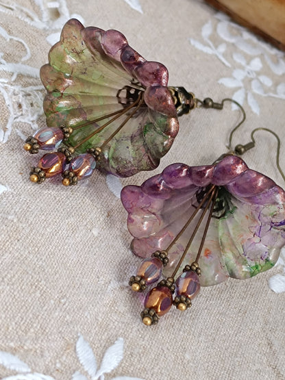 Boucles d'Oreilles Pendantes Féeriques Vertes Violettes Voile Cuivré Perles Verre Tchèque XXL