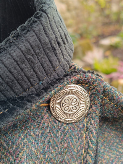 Tour de cou tweed celtique doublé velours côtelé et bouton vintage métal celte