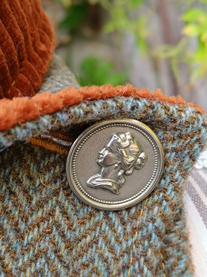 Tour de Cou Tweed Celtique Bleu Doré Velours Côtelé Marron Roux Bouton Vintage portrait de femme Fabrication Française