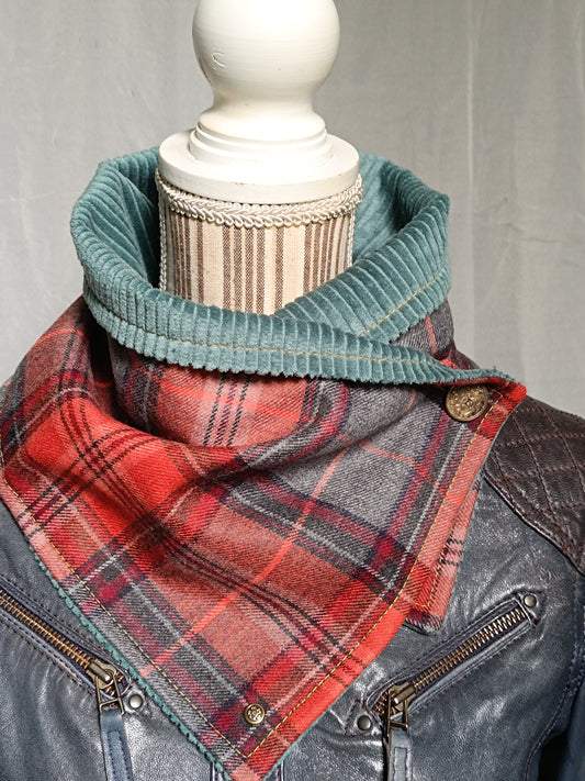 Tour de cou tartan laine velours côtelé bleu - Bouton bucolique oiseau